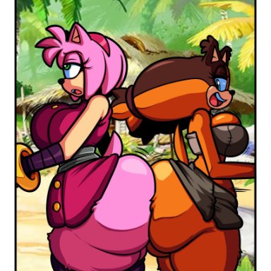 4:5, absurd res, amy rose, anthro, ass to ass, badger, big breasts, border, bottomwear, breast size difference, breasts, clothing, clothing lift, denizen1414, duo