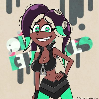 1girls, 4 fingers, animated, big breasts, cephalopod, cute, dark skin, dark-skinned female, drbastardius, female, fingerless gloves, flashing, heart-shaped pupils, marina (splatoon), nintendo