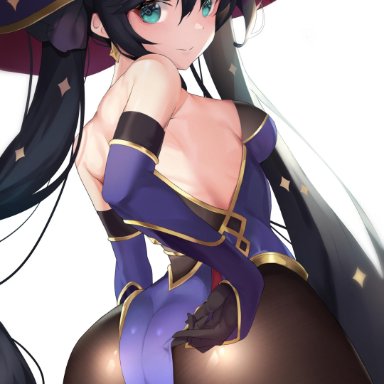 ass, bare shoulders, black hair, blush, breasts, detached sleeves, elbow gloves, embarrassed, female, from behind, from below, genshin impact, gloves, green eyes, hair ornament