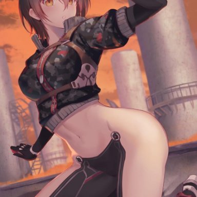 android, ass, brown hair, camouflage, crop top, hololive, looking at viewer, midriff, oukawa yuu, roboco-san, robot girl, robotic arm, robotic legs, short hair, tagme