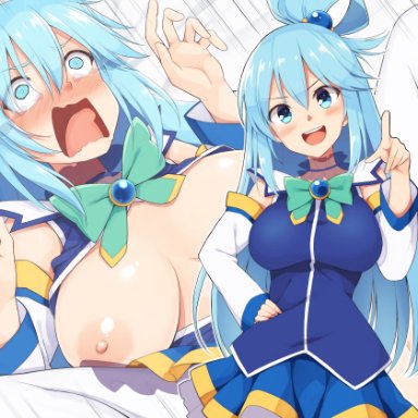 :d, 1girls, aqua (konosuba), aqua bow, aqua neckwear, bangs, bed sheet, blue dress, blue eyes, blue hair, blush, bow, bowtie, breasts, breasts apart