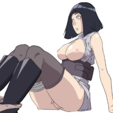 1girls, alternate outfit, areolae, big breasts, boots, boruto: naruto next generations, bottomless, breasts outside, clothing, covering, covering crotch, female, female only, footwear, funhentaiparody