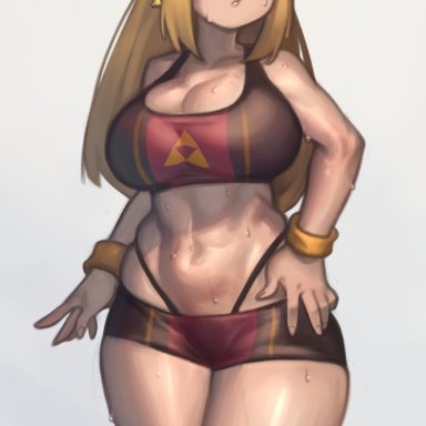 bangs, blonde hair, blue eyes, bracelet, earrings, female, kelvin hiu, knee brace, long hair, looking down, nintendo, pointy ears, princess zelda, side-tie panties, solo