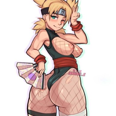 1boy, 1boy1girl, 1girls, alternate costume, ass, back view, bandaged leg, bandages, bangs, big ass, blonde hair, blush, breasts out of clothes, breasts outside, clothing