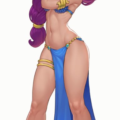 1girls, belly, belly dancer, belly dancer outfit, blue eyes, cheshirrr, dancer, dancer outfit, femsub, genie, loincloth, long hair, pointy ears, shantae, shantae (character)