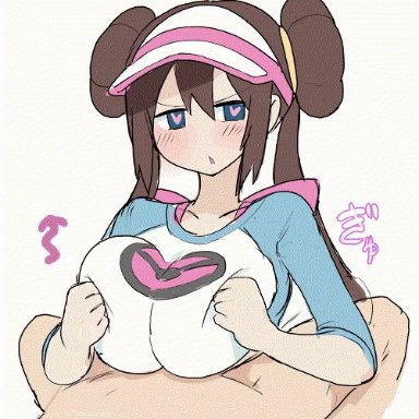 animated, blue eyes, breasts, brown hair, double bun, female, heart-shaped pupils, male, paizuri, paizuri over clothes, pokemon, raglan sleeves, rosa (pokemon), straight, visor cap