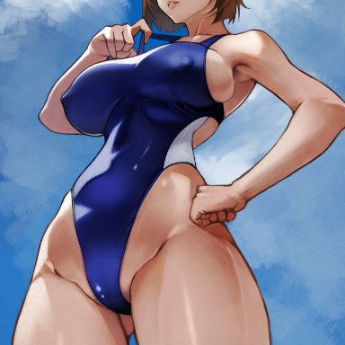 1girls, armpits, breasts, brown eyes, brown hair, clothed, erect nipples, eyebrow raise, female only, flat belly, front view, gritted teeth, hand on hip, hourglass figure, jujutsu kaisen