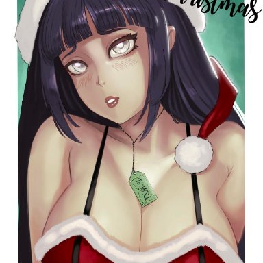 1girls, bare shoulders, big breasts, blush, breasts, christmas, female, female only, hyuuga hinata, label, large breasts, long hair, looking at viewer, mrcorvushugin, naruto