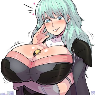 1boy, 1girls, between breasts, blush, breasts, byleth (female), byleth (fire emblem), byleth (fire emblem) (female), cleavage, clothed, dimitri (fire emblem), dimitri alexandre blaiddyd, fire emblem, fire emblem: three houses, fully clothed