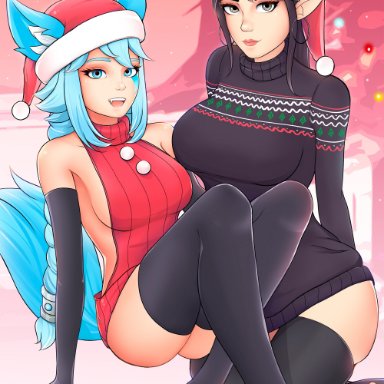 barefoot, christmas, christmas outfit, feet, feet up, holidays, io (paladins), paladins, santa hat, stirrup legwear, stirrup socks, stirrup thighhighs, sweater, thighhighs, thighs