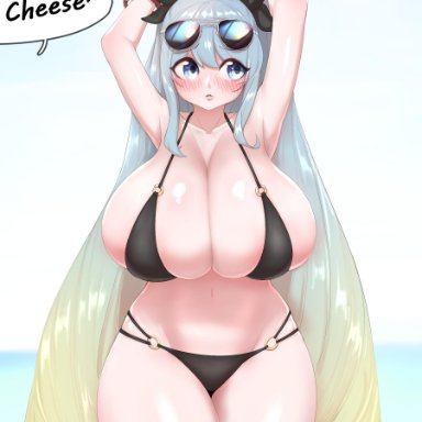 big breasts, bikini, blue eyes, blue hair, huge breasts, league of legends, pool party series, sona, text, yabby
