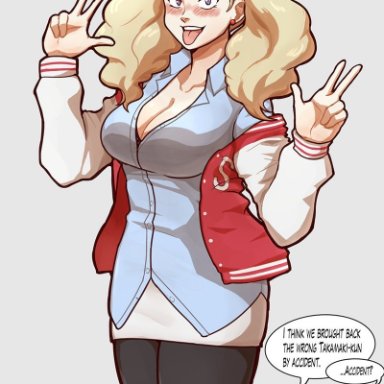 ahe gao, akira kurusu, ann takamaki, big breasts, bimbo, blonde hair, blush, breast, curvy, cute, heart, hearts, legs, peace sign, persona