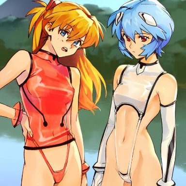 2girls, asuka langley sohryu, breasts, female, female only, looking at viewer, neon genesis evangelion, optionaltypo, rei ayanami