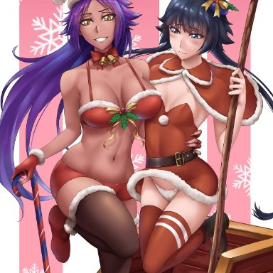 2girls, bangs, bare shoulders, big breasts, black eyes, bleach, blue hair, blush, breasts, cane, cape, christmas, cleavage, collar, dark skin