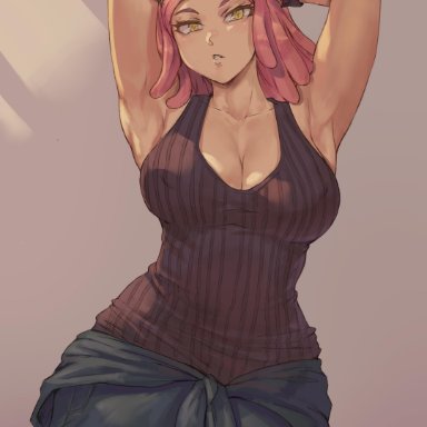 1girls, big breasts, female, female focus, female only, highres, looking at viewer, mei hatsume, my hero academia, pink hair, shexyo, short hair, tagme, target-shaped pupils, yellow eyes