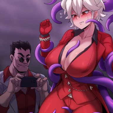 1boy, 1girls, absurd res, beelzebub (helltaker), between breasts, blush, breasts, bug, business suit, cellphone, cleavage, demon girl, demon horns, female, fly