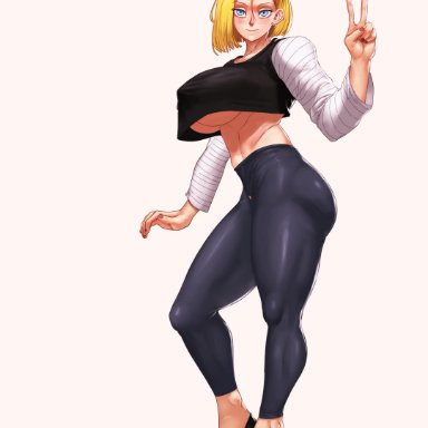 1girls, android 18, blonde hair, blue eyes, cameltoe, cleavage, curvy, dragon ball, erect nipples, female, high heels, huge areolae, huge ass, huge breasts, porcoro