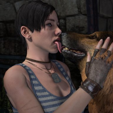 1boy, 1girl, 3d, 3d (artwork), anna miller (metro last light), bestiality, black hair, blue eyes, canine, clothed, clothed female, clothing, dog, domestic dog, extreme french kiss