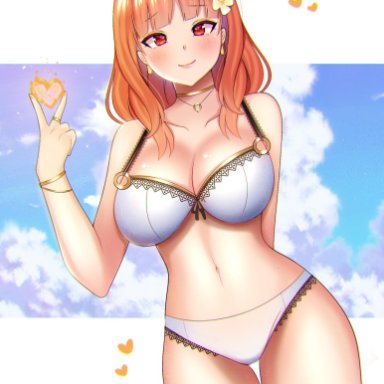 1girls, alternate breast size, arm behind back, bangs, big breasts, bikini, blunt bangs, blush, bracelet, breasts, celica, celica (fire emblem), choker, cleavage, cloud