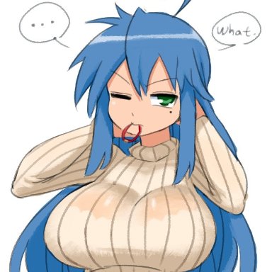 ..., adjusting hair, ahoge, alternate breast size, alternate costume, arms up, blue hair, bra, breasts, english text, female, green eyes, hair tie, konata izumi, large breasts