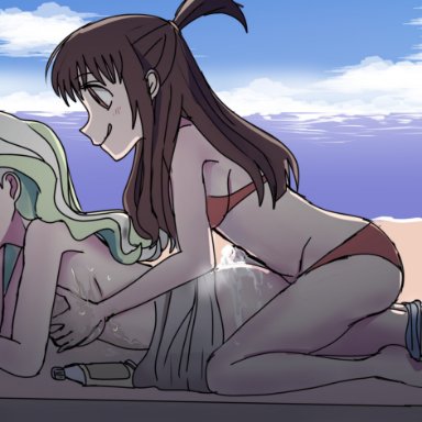 1futa, 2girls, after sex, beach, bikini, blanket, blonde hair, blue eyes, blush, breasts, brown hair, couple, cum, cum on ass, diana cavendish