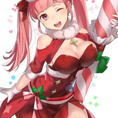 1girls, alternate costume, bangs, bare shoulders, bare thighs, big breasts, blunt bangs, blush, bow, breasts, candy, candy cane, christmas, cleavage, commentary request
