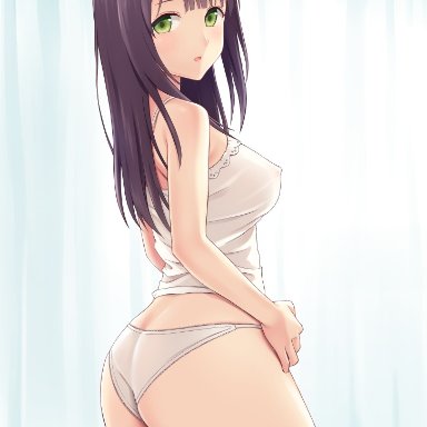 :o, ass, bangs, banned artist, bare arms, bare shoulders, blush, breasts, camisole, covered nipples, cowboy shot, curtains, eyebrows visible through hair, female, from side