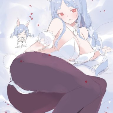 2020, 2girls, animal ear fluff, animal ears, bare shoulders, blue hair, blush, braid, breasts, bunny ears, bunny girl, bunny tail, bunnysuit, chibi, cleavage