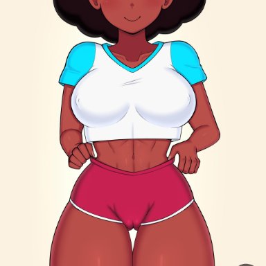 1girls, big breasts, cameltoe, cartoon network, connie maheswaran, dark skin, dark-skinned female, drunkavocado, large breasts, red shorts, short hair, solo focus, steven quartz universe, steven universe, steven universe future