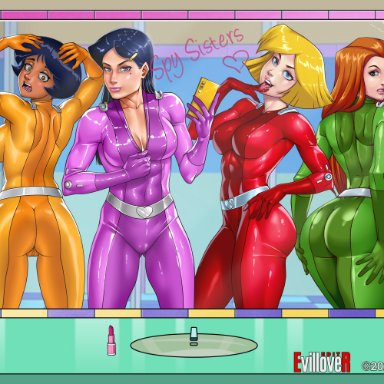 alex (totally spies), arms behind head, arms up, ass, black hair, blonde hair, blue eyes, bodysuit, breasts, brown eyes, cameltoe, cellphone, clover (totally spies), dark skin, edit