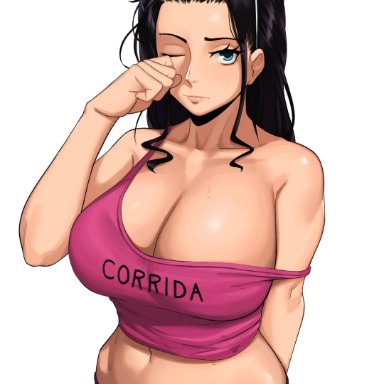 1girls, belly button, big breasts, black hair, blue eyes, booty shorts, breasts, cameltoe, cleavage, english text, eyelashes, eyewear on head, female, female focus, female only