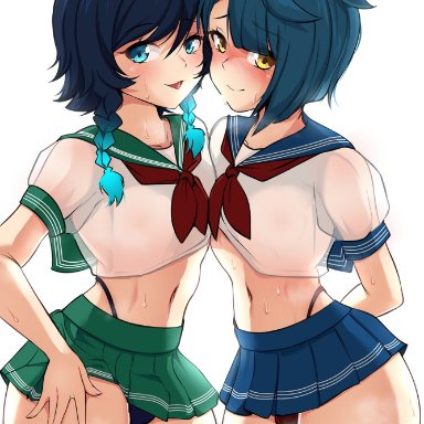 2boys, androgynous, aqua eyes, artist signature, blue hair, blue panties, blue thong, blush, braided hair, braided twintails, bulge, crossdressing, eye contact, femboy, feminine male