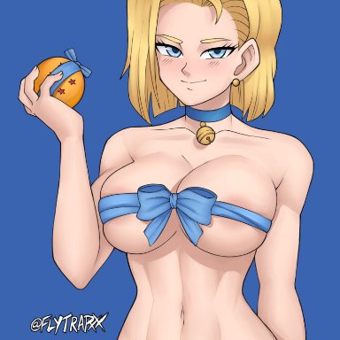 1girls, android, android 18, areolae, big breasts, blonde hair, blue eyes, blush, breasts, dragon ball, dragon ball z, earrings, eye contact, female, flytrapxx