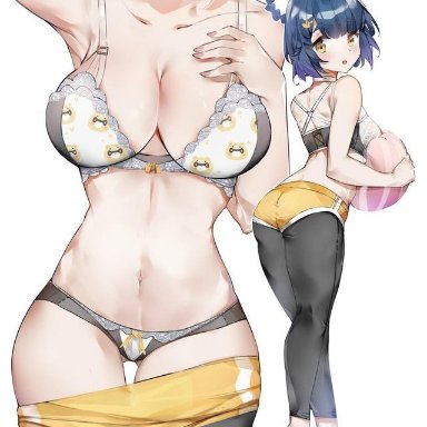 blue hair, blush, bra, genshin impact, sportswear, underwear, xiangling (genshin impact), yellow eyes, yztp