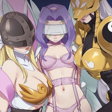 angewomon, digimon, faceless female, fairymon, huge breasts, sakuyamon, small breasts, smile