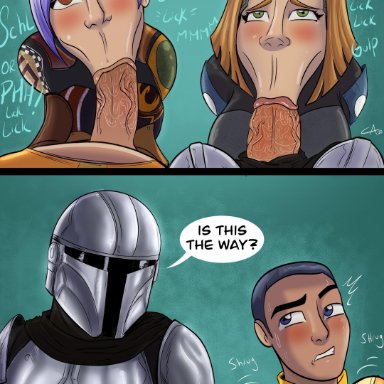 :>=, 2boys, 2girls, ameizing lewds, blowjob, blush, bo-katan kryze, comic, dialogue, ezra bridger, looking at another, looking up, mandalorian, mandalorian armor, sabine wren