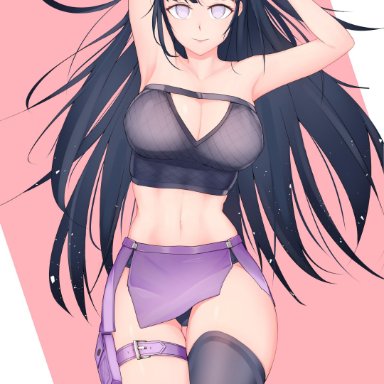 1girls, alternate costume, armpits, arms up, bangko, big breasts, breasts, cleavage, collarbone, curvy, curvy figure, female, female only, fishnets, hyuuga hinata