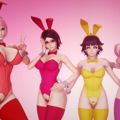 3d, 4girls, bare shoulders, boruto: naruto next generations, breasts, bunny ears, bunny girl, bunnysuit, detached collar, detached sleeves, female only, forehead mark, hyuuga hinata, looking at viewer, meish