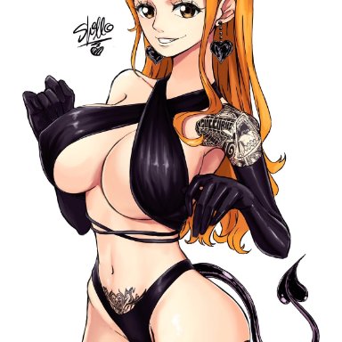 1girls, artist request, big breasts, black clothing, brown eyes, devil horns, earrings, female only, gloves, horn, huge breasts, large breasts, long hair, nami, one piece