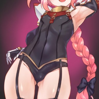 1boy, 1girls, absurd res, androgynous, armpits, astolfo (fate), balls, balls in panties, black thighhighs, blush, braided hair, cum, erection, erection under clothes, eye contact