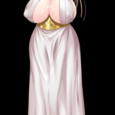 armpits, arms up, big nipples, blonde hair, breasts, cleavage, curvy, dark blue eyes, female, front view, full body, full cleavage, headdress, hentai, huge breasts