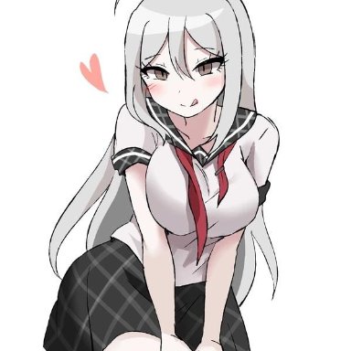 :d, ahoge, big breasts, blush, breast squeeze, brown eyes, danganronpa, hair between eyes, heart, honyang, long hair, looking pleasured, school uniform, schoolgirl, seductive