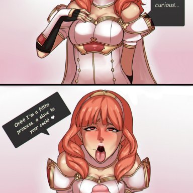 after oral, big breasts, celica, dark skin, dark-skinned male, english text, female, femsub, fire emblem, fire emblem echoes: mou hitori no eiyuuou, fire emblem echoes: shadows of valentia, hair in mouth, instant loss 2koma, kneeling, male