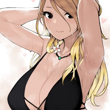 1girls, armpits, arms behind head, big breasts, bikini, black bikini, black eyes, blonde hair, blush, breasts, closed mouth, dot nose, eyes visible through hair, female, female only