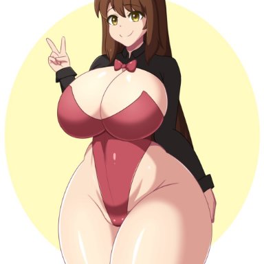 1girls, big breasts, brown hair, bunny ears, bunnysuit, curvaceous, curvy figure, eye contact, fake face, female, huge breasts, huge thighs, large breasts, leotard, long hair