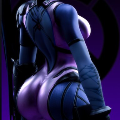 1girls, 3d, amelie lacroix, arched back, ass, ass focus, assassin, back view, backboob, big ass, big breasts, blender, blizzard entertainment, breasts, bubble ass