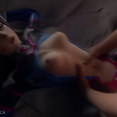 1boy, 1girls, 3d, abs, alternate costume, animated, areolae, asian, asian female, balls, bed, big penis, blizzard entertainment, body markings, bouncing breasts