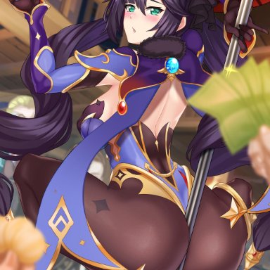 absurdres, ass, back, bangs, bare shoulders, between buttocks, black hair, black legwear, breasts, cape, female, genshin impact, green eyes, hat, high heels