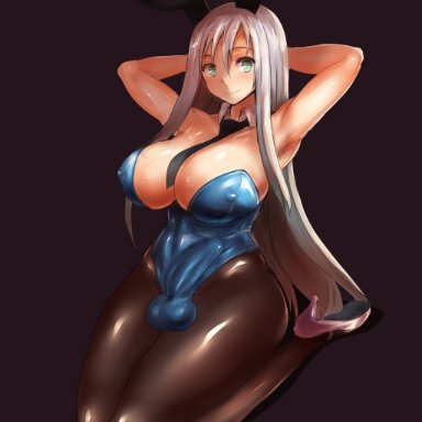 1futa, animal ears, armpits, arms up, balls, black legwear, black neckwear, blue leotard, breasts, bulge, bunny ears, cleavage, closed mouth, clothed, clothing