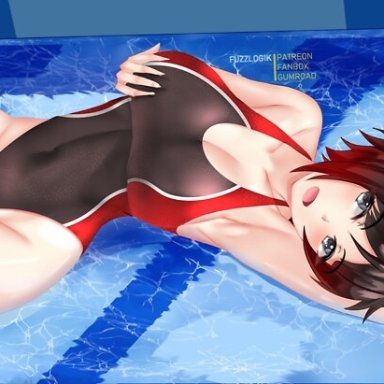 black hair, busty, curvy, fuzzlogik, hand on breast, red hair, ruby rose, rwby, silver eyes, sport swimsuit, swimming pool, two tone hair